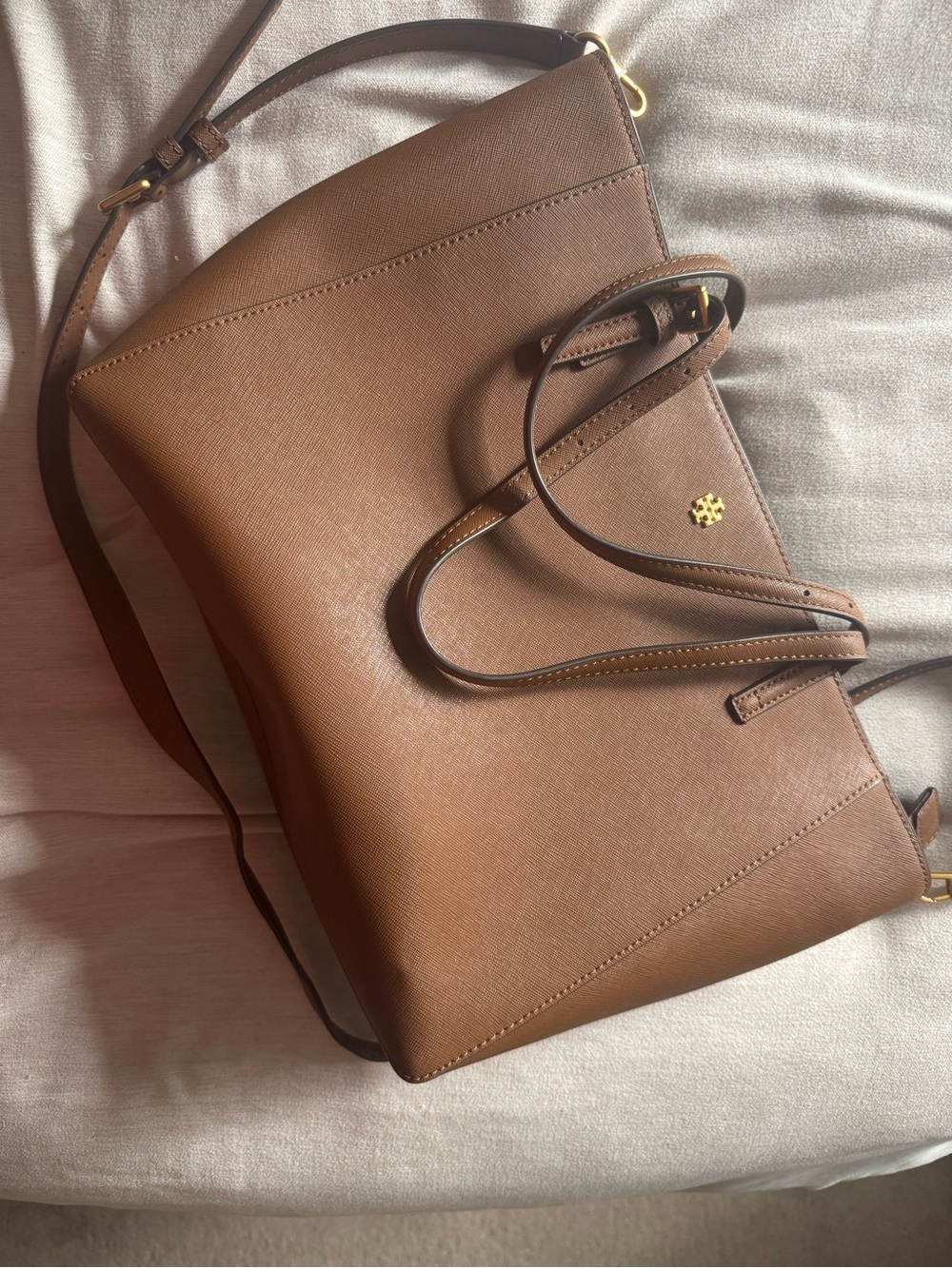 Tory Burch Tan Saffiano Leather Shoulder Bag with Gold Logo